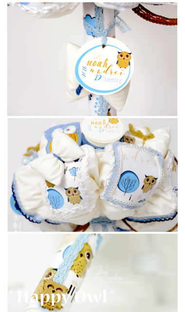 Lumanare de botez cu bufnite personalizata, 65x4 cm, Bufnita vesela 1